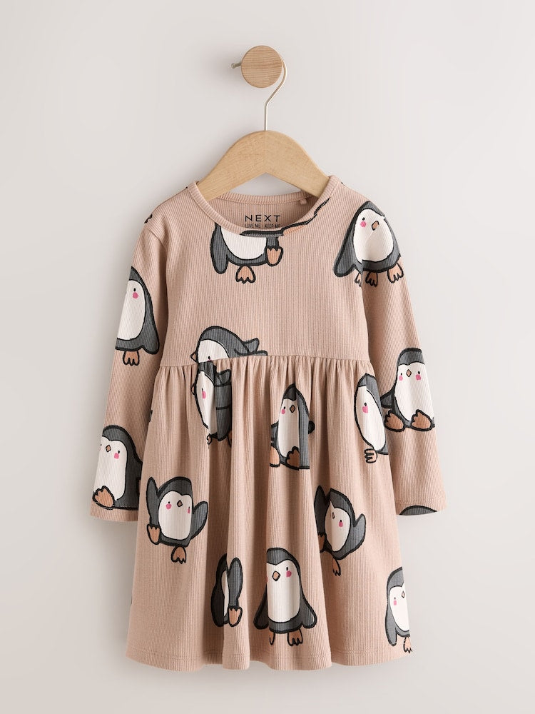 Neutral Penguin Long Sleeve Ribbed Dress (3mths-7yrs)