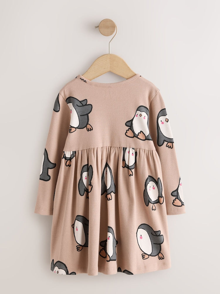 Neutral Penguin Long Sleeve Ribbed Dress (3mths-7yrs)