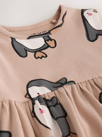 Neutral Penguin Long Sleeve Ribbed Dress (3mths-7yrs)