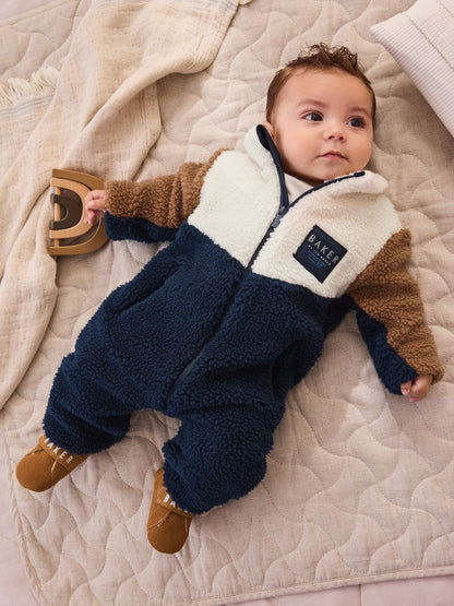 Baker by Ted Baker Brown/Stone/Navy Borg Colourblock All-In-One - Brown/Stone/Navy / Up To 3 Months (50 - 62cm)