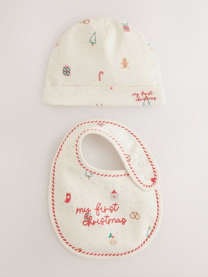 White/Red My First Christmas Baby Hat &amp; Bib Set (0-12mths) - White/Red My First / Up To 3 Months (50 - 62cm)