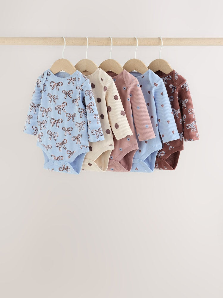 Blue/Brown Heart Long Sleeve Baby Bodysuits 5 Pack - Blue/Brown Heart / 12 - 18 Months (80 - 86cm)