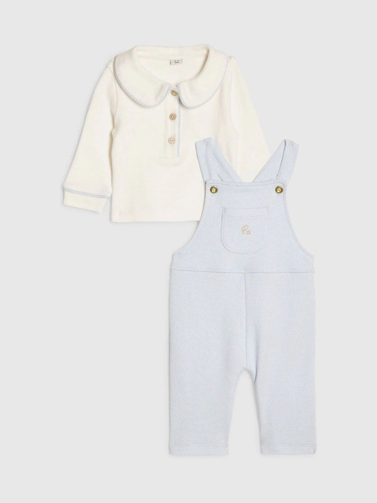 River Island Blue Long Sleeve Polo Shirt &amp; Dungarees Set