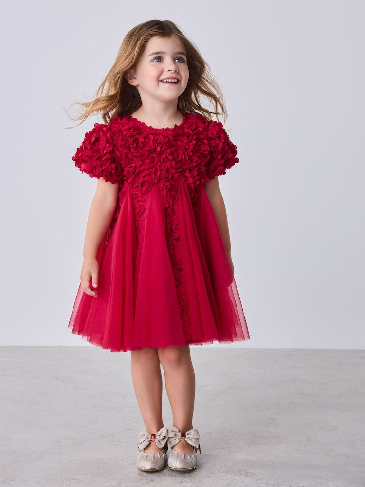 Baker by Ted Baker Red 3D Textured Floral Mesh Godet Dress