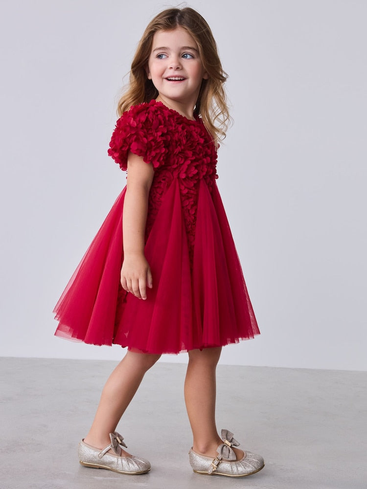 Baker by Ted Baker Red 3D Textured Floral Mesh Godet Dress