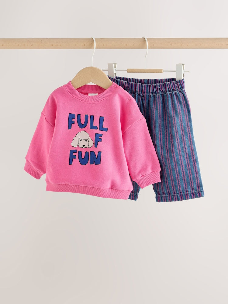 Pink Poodle Baby Sweat Top And Wide Leg Trousers Set 2 Piece (0mths-2yrs) - Pink Poodle / 12 - 18 Months (80 - 86cm)