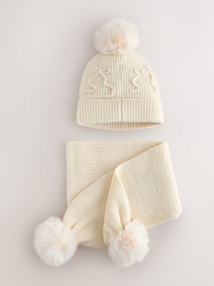 Cream Pom Scarf and Beanie Set (3-16yrs) - Size 3-4 Years (98-104cm) - Cream