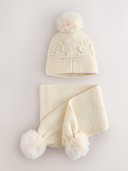 Cream Pom Scarf and Beanie Set (3-16yrs) - Size 3-4 Years (98-104cm) - Cream