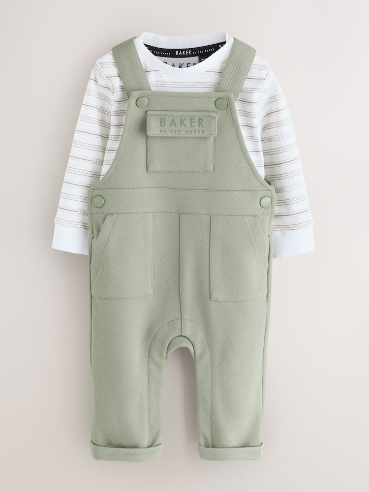 Baker by Ted Baker Green 2 Piece Dungaree and Stripe T-Shirts Set - Green / Up To 3 Months (50 - 62cm)