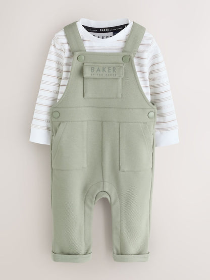 Baker by Ted Baker Green 2 Piece Dungaree and Stripe T-Shirts Set - Green / Up To 3 Months (50 - 62cm)