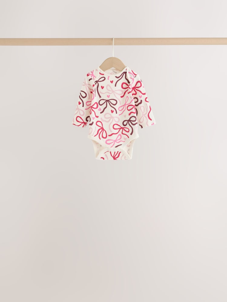 Red/Pink Bow Long Sleeve Baby Bodysuits 5 Pack