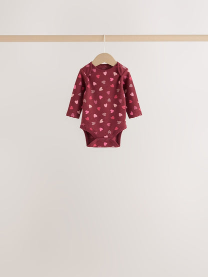 Red/Pink Bow Long Sleeve Baby Bodysuits 5 Pack
