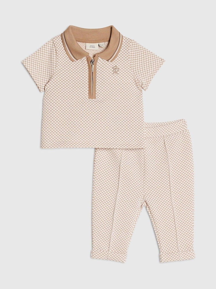 River Island Brown Jacquard Polo &amp; Joggers Set