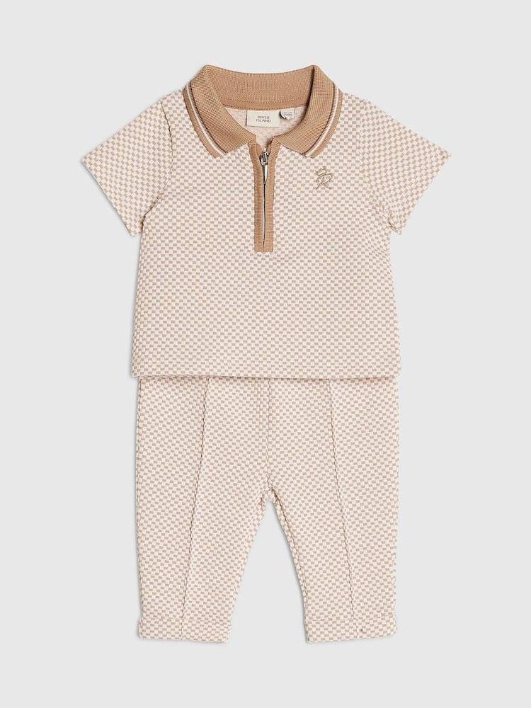 River Island Brown Jacquard Polo &amp; Joggers Set