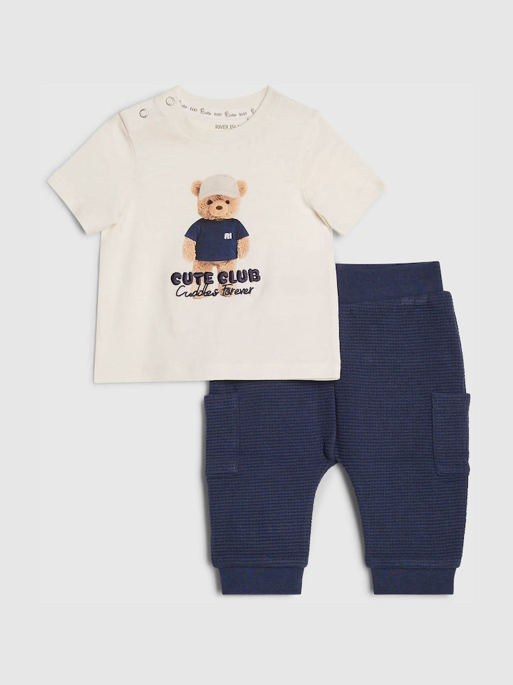 River Island Cream Cute Club Bear T-Shirt &amp; Joggers Set - Size Up To 3 Months (50 - 62cm) - River Island Cream Cute Club Bear