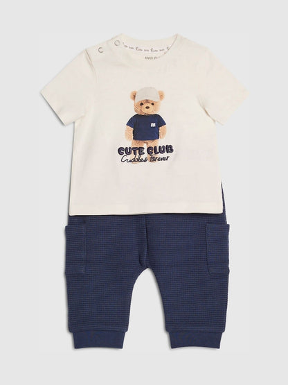 River Island Cream Cute Club Bear T-Shirt &amp; Joggers Set