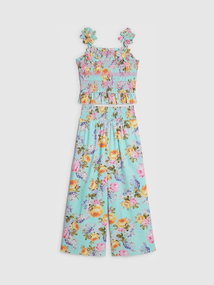 River Island Blue Cabbages &amp; Roses Corsage Top &amp; Trousers Set - Size 5 Years (110cm)