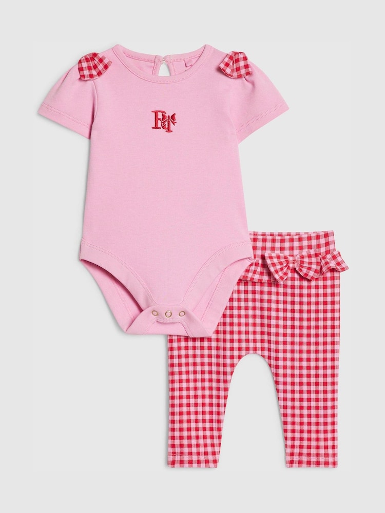 River Island Pink Frill Bodysuit &amp; Gingham Leggings Set