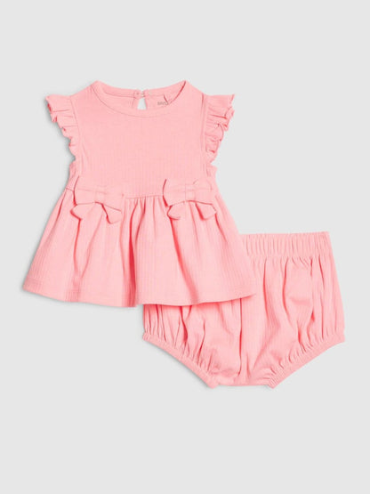 River Island Pink Bow Peplum Rib Top and Shorts Set