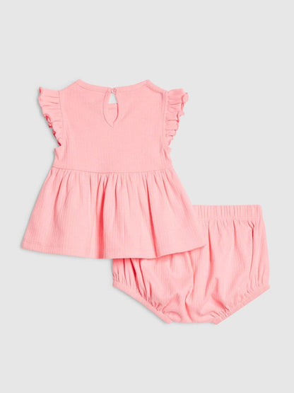River Island Pink Bow Peplum Rib Top and Shorts Set