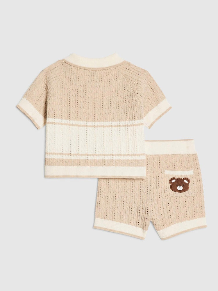 River Island Brown Knitted Bear Polo &amp; Short Set