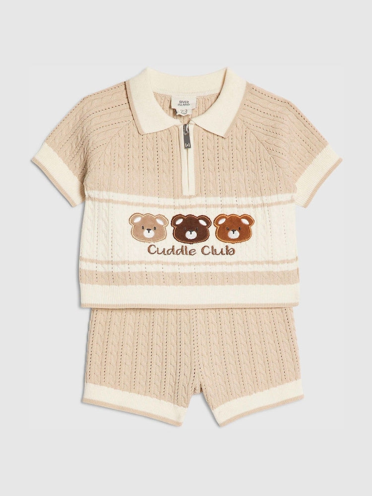 River Island Brown Knitted Bear Polo &amp; Short Set