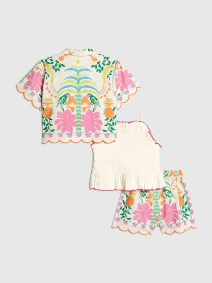 River Island Pink Palm Parrot Shirt &amp; Shorts 3 Piece Set