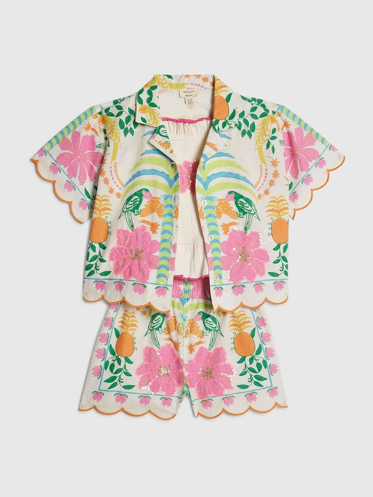 River Island Pink Palm Parrot Shirt &amp; Shorts 3 Piece Set