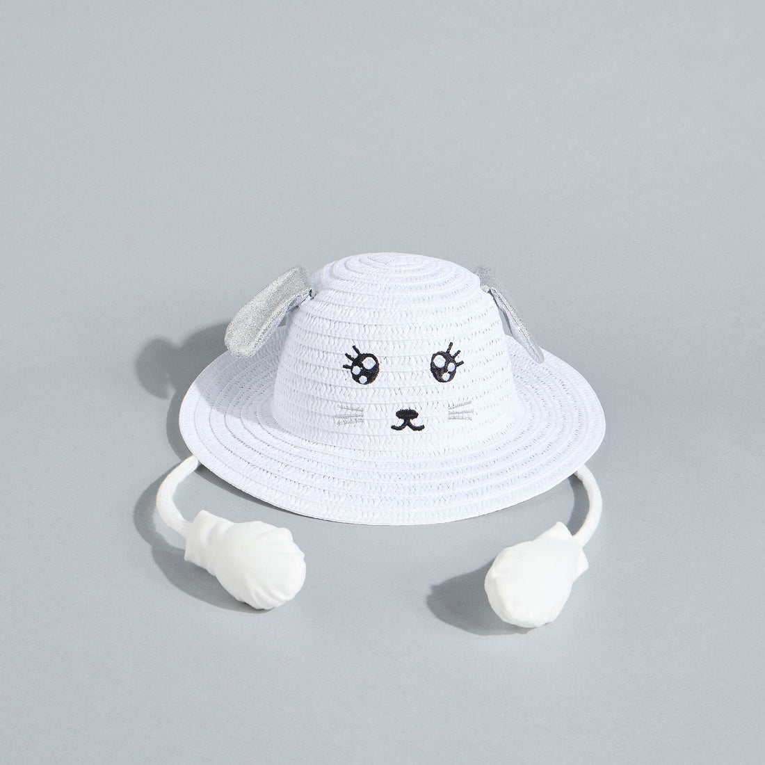 Animal Face Embroidered Hat with Moving Ears - White / 1-3 yrs