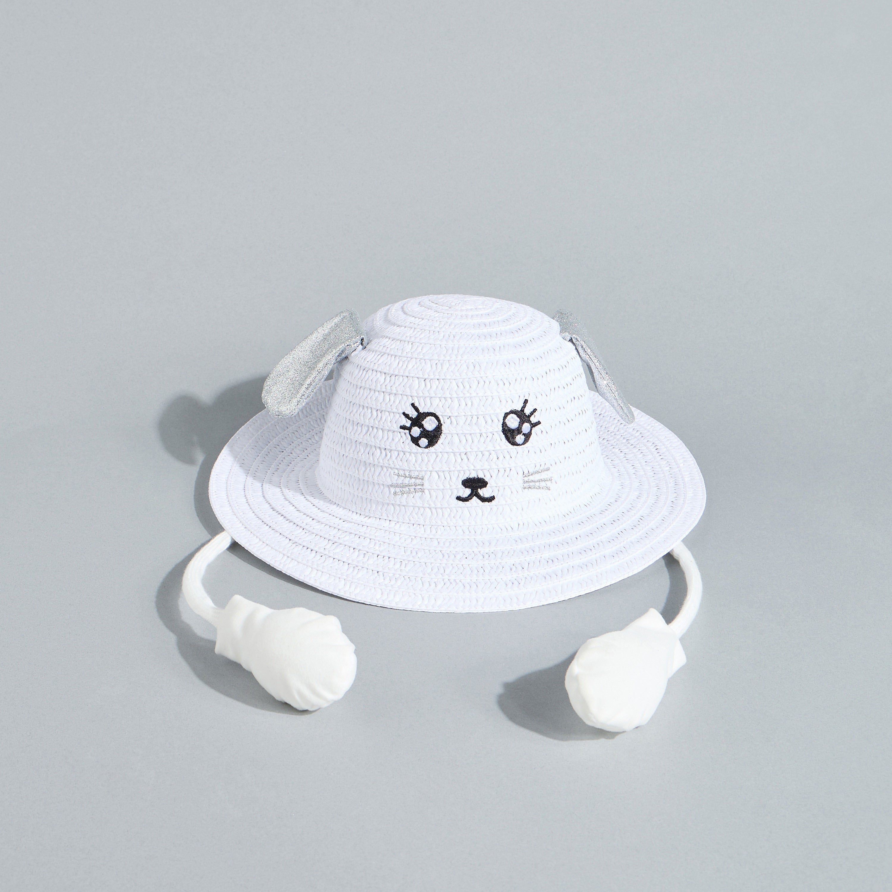Animal Face Embroidered Hat with Moving Ears - White / 1-3 yrs