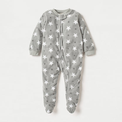 Juniors All-Over Star Print Fleece Sleepsuit with Zip Closure - Grey / 9-12 mths