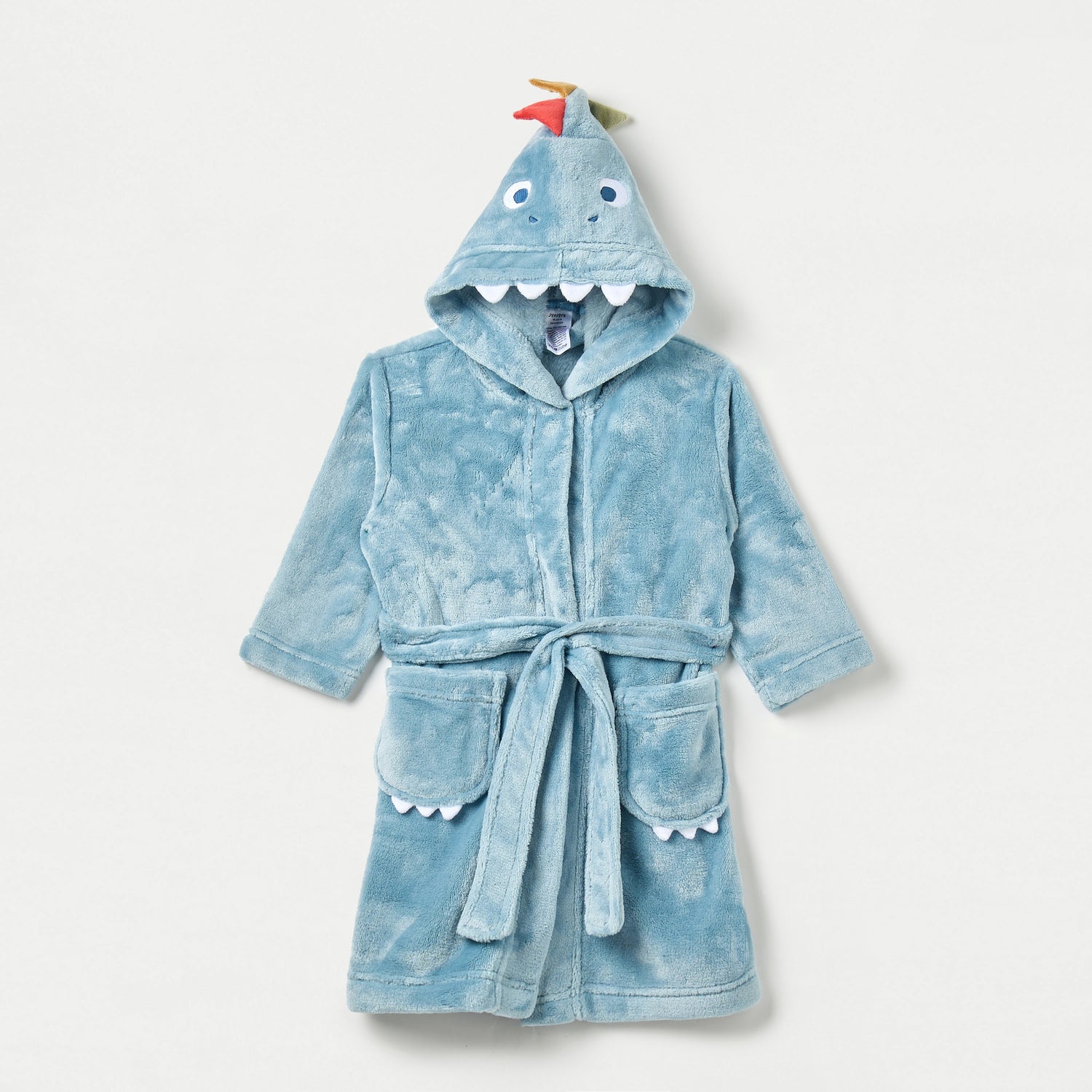 Juniors Dinosaur Hooded Bathrobe with Belt and Pockets - Blue / 12-18 mths