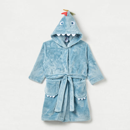 Juniors Dinosaur Hooded Bathrobe with Belt and Pockets - Blue / 12-18 mths