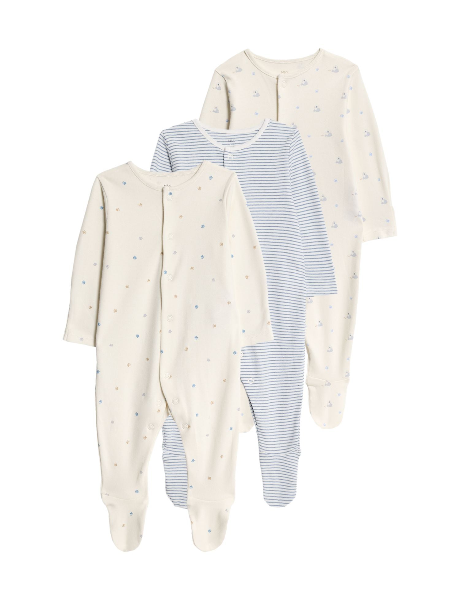 3 Pack Pure Cotton Dog Popper Footed Sleepsuits (0-3 Yrs)