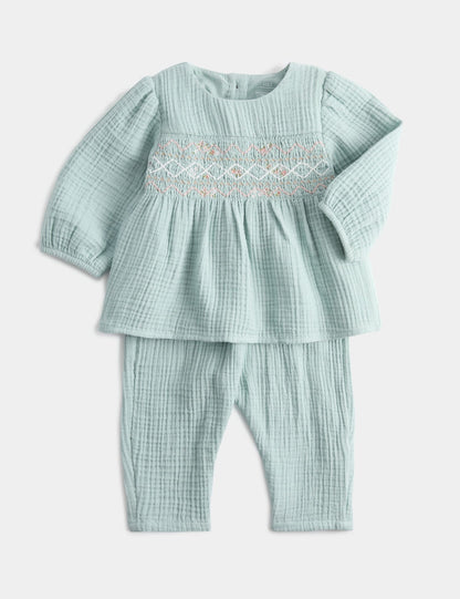2 Piece Pure Cotton Woven Smocked Outfit (0-24 Mths)