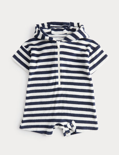 Pure Cotton Striped Towelling All in One (0-3 Yrs) - NAVY / 18-36 Months