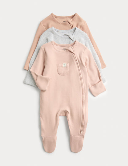 3 Pack Cotton Rich Ribbed Sleepsuits (6&amp;
