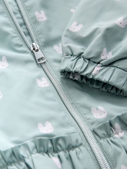 Sage Bunny Printed Shower Resistant Frill Hem Raincoat