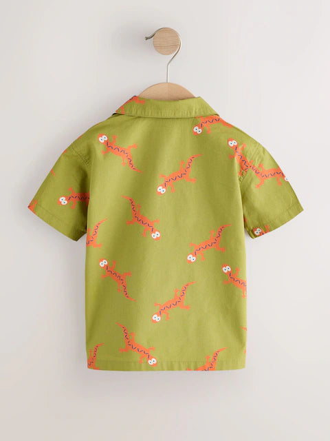 Green All Over Print Ghecko Short Sleeve Revere Collar Printed Shirt (3mths-7yrs)
