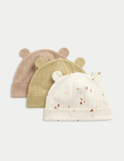 3 Pack Cotton Rich Leaf Print Hats - SAND / 1 Month