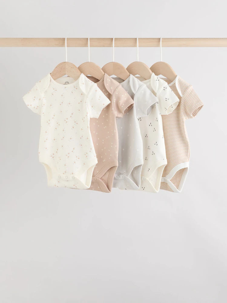 Neutral 100% Cotton Short Sleeve Baby Bodysuits 5 Pack