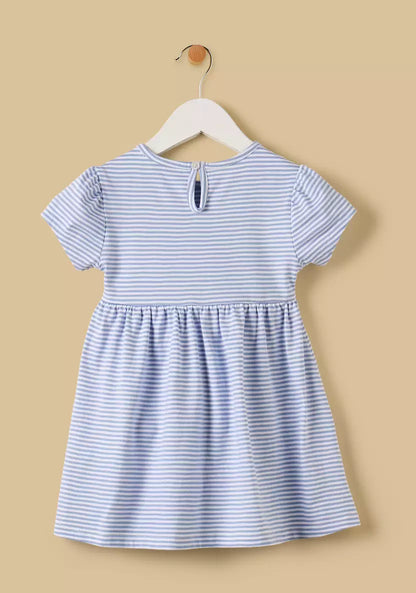 Cotton Striped A-line Dress with Pouch Applique