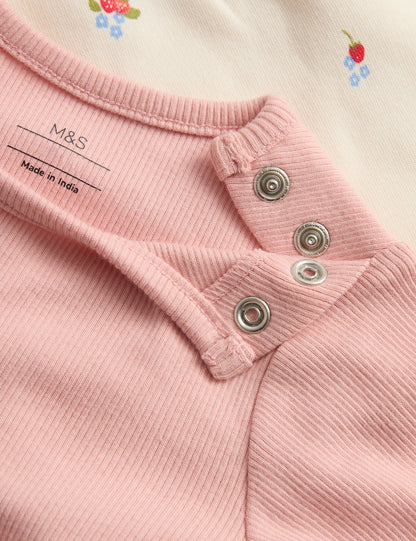 2pc Cotton Strawberry Ditsy Dungarees Outfit (0-3 Yrs)