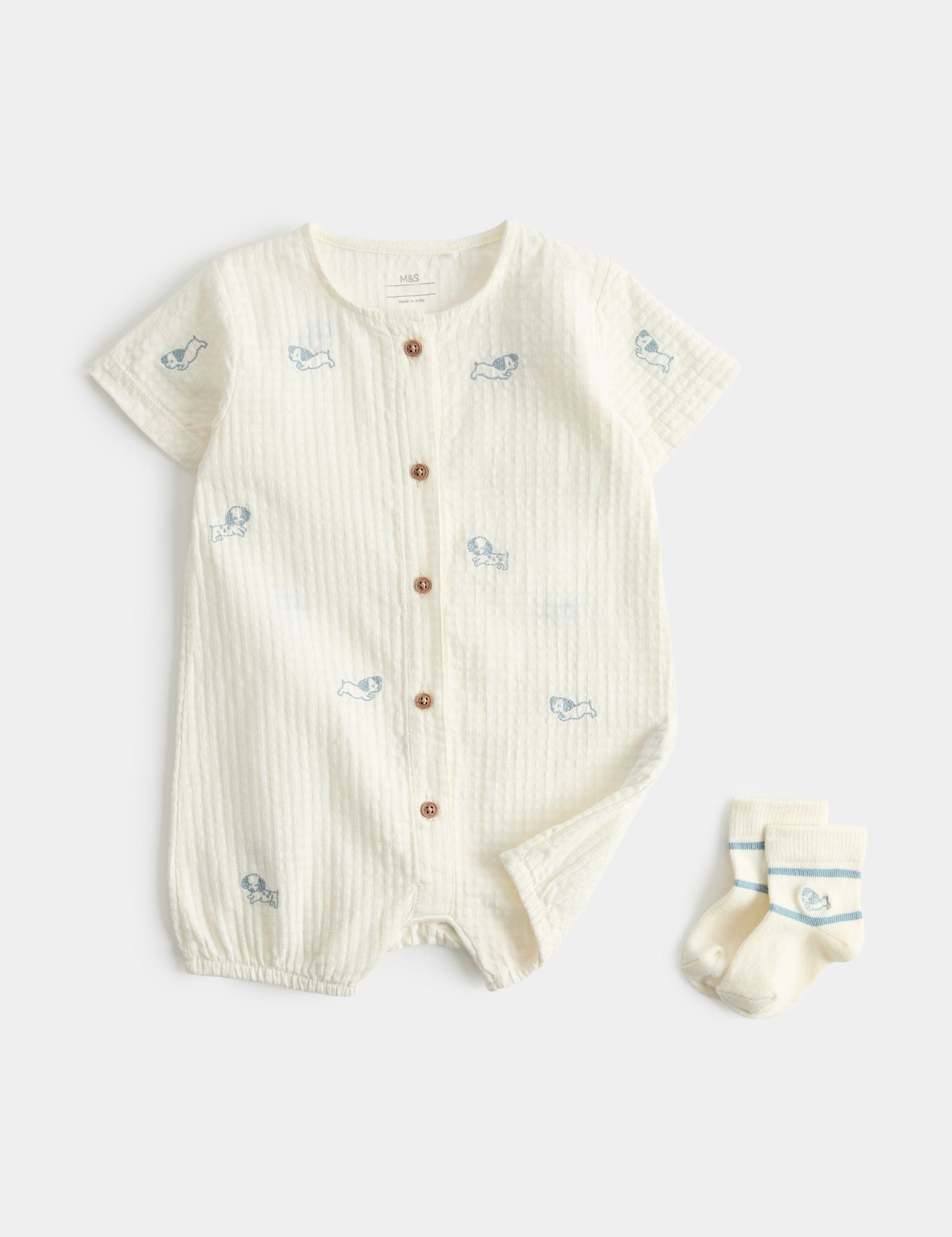 2 Piece Pure Cotton Romper &amp;amp; Socks Outfit (7lbs-2 Yrs) - LIGHT CREAM / 9-12 Months