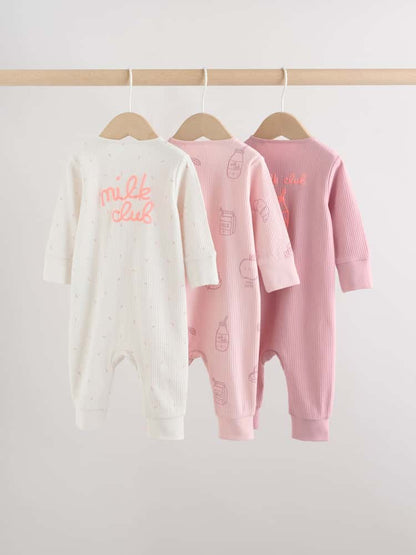 Pink Two Way Zip Baby Sleepsuits 3 Pack (0mths-3yrs)