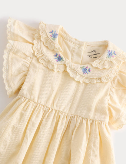 Pure Cotton Embroidered Collar Dress (0-5 Yrs) - WHITE MIX / 12-18 Months