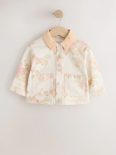 Ecru Floral Cord Collar Denim Jacket (3mths-7yrs)