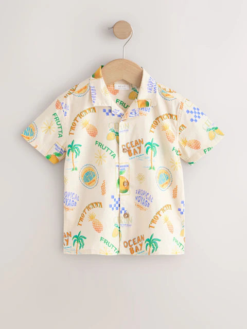 Ecru All Over Print Short Sleeve Revere Collar Printed Shirt (3mths-7yrs)