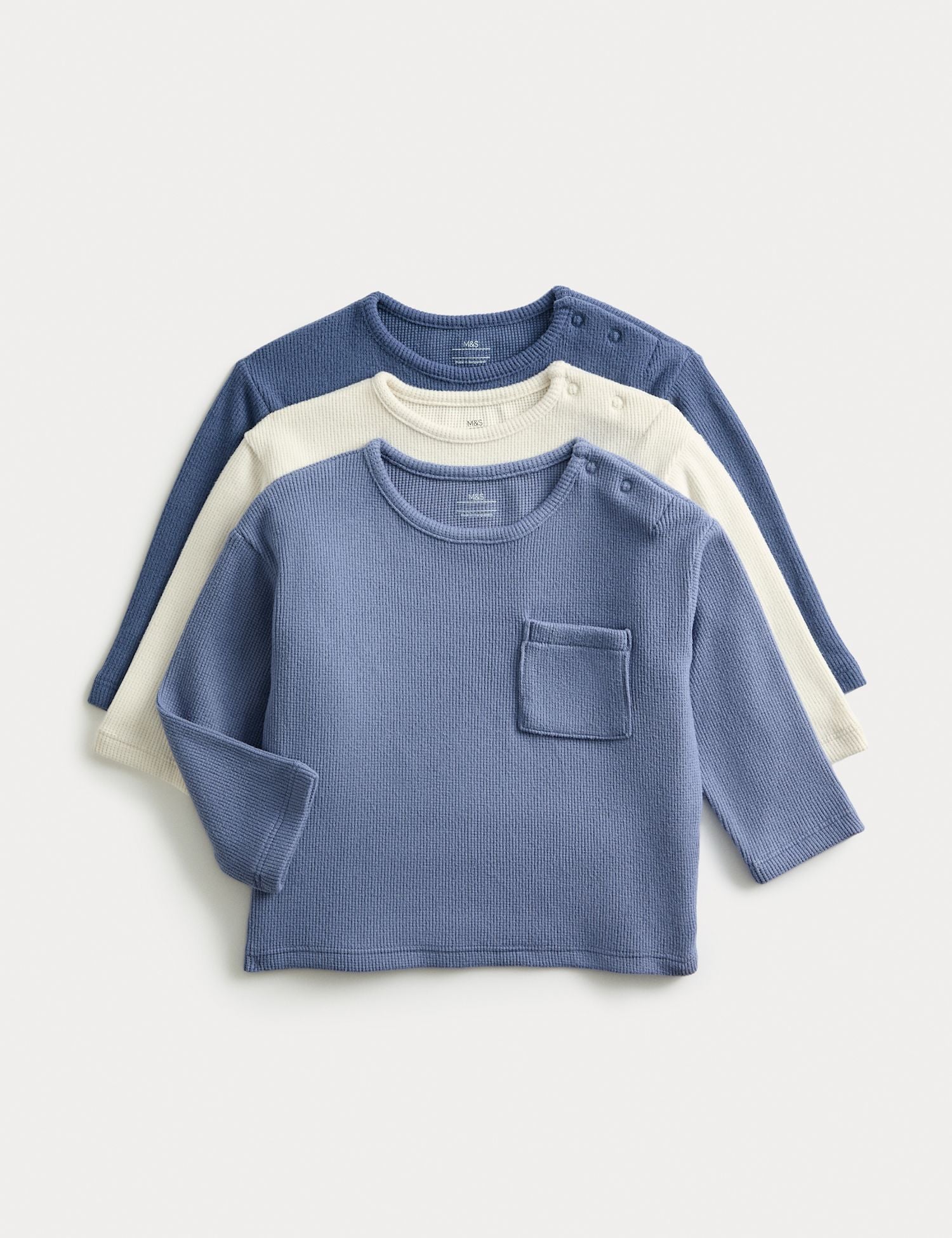 3 Pack Brushed Waffle Tops (0-3 Yrs) - BLUE MIX / 3-6 Months