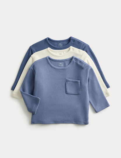 3 Pack Brushed Waffle Tops (0-3 Yrs) - BLUE MIX / 3-6 Months